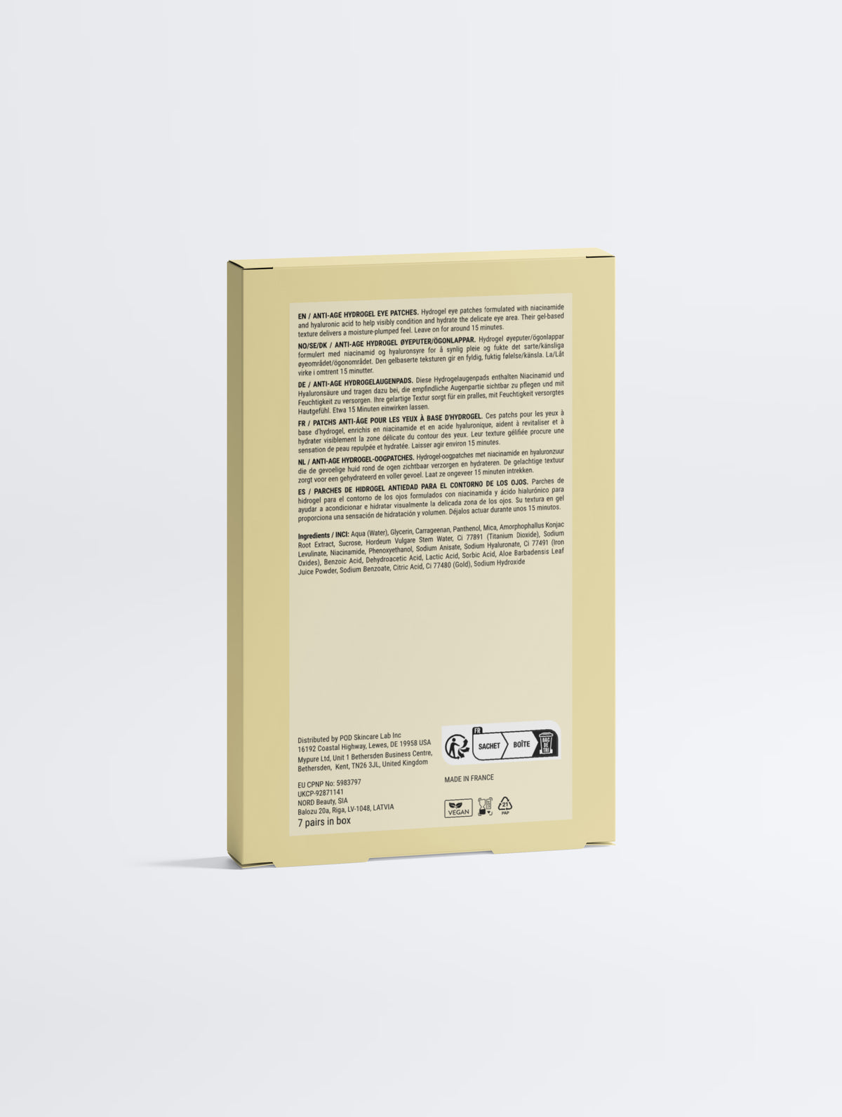 AGELESS Smoothing Hydrogel Eye Patches — back of the carton, showing directions in six languages, the full ingredient list, and 7 pairs in box.