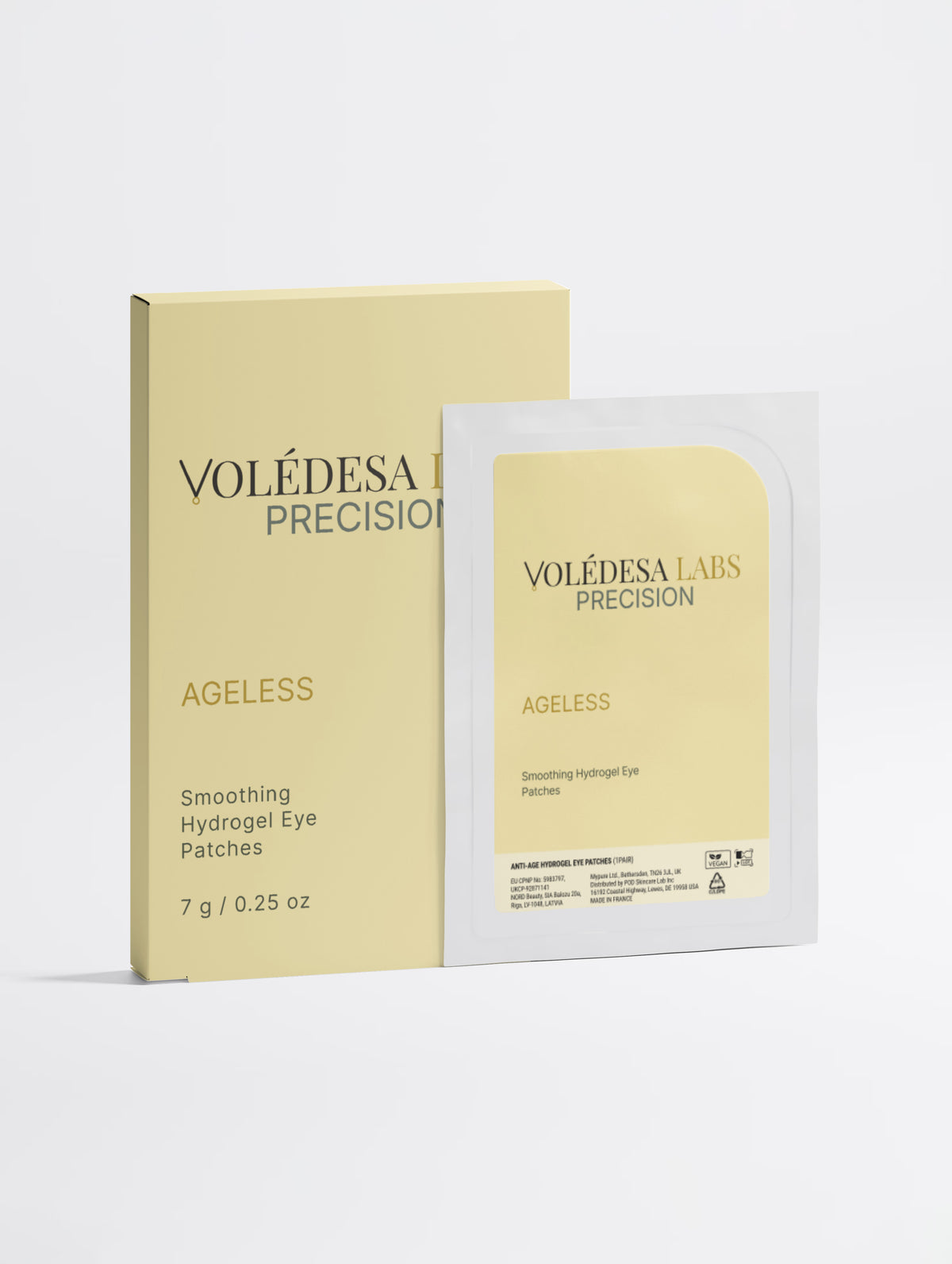AGELESS Smoothing Hydrogel Eye Patches — pale yellow VOLÉDESA LABS PRECISION carton, front, beside a single foil sachet. 7 g / 0.25 oz.