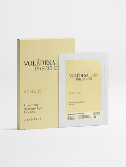 AGELESS Smoothing Hydrogel Eye Patches — pale yellow VOLÉDESA LABS PRECISION carton, front, beside a single foil sachet. 7 g / 0.25 oz.