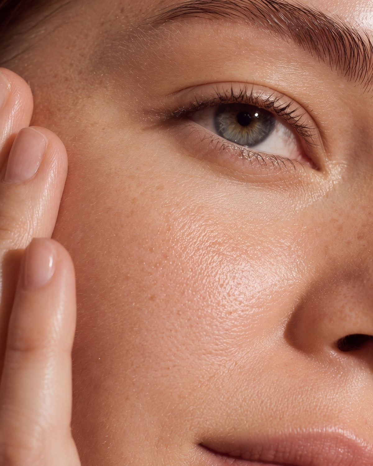 Close-up of a woman's eye area with natural freckles and skin texture